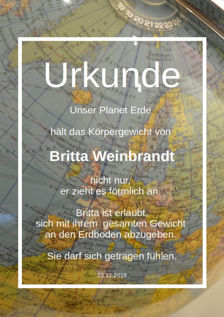 Selbstzertifizierung Britta Weinbrandt - Erdanziehung 